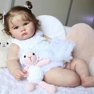 🆕24 Inches Reborn Cloth Body Baby Doll Girl with Blue Eyes & Curly Rooted Hair